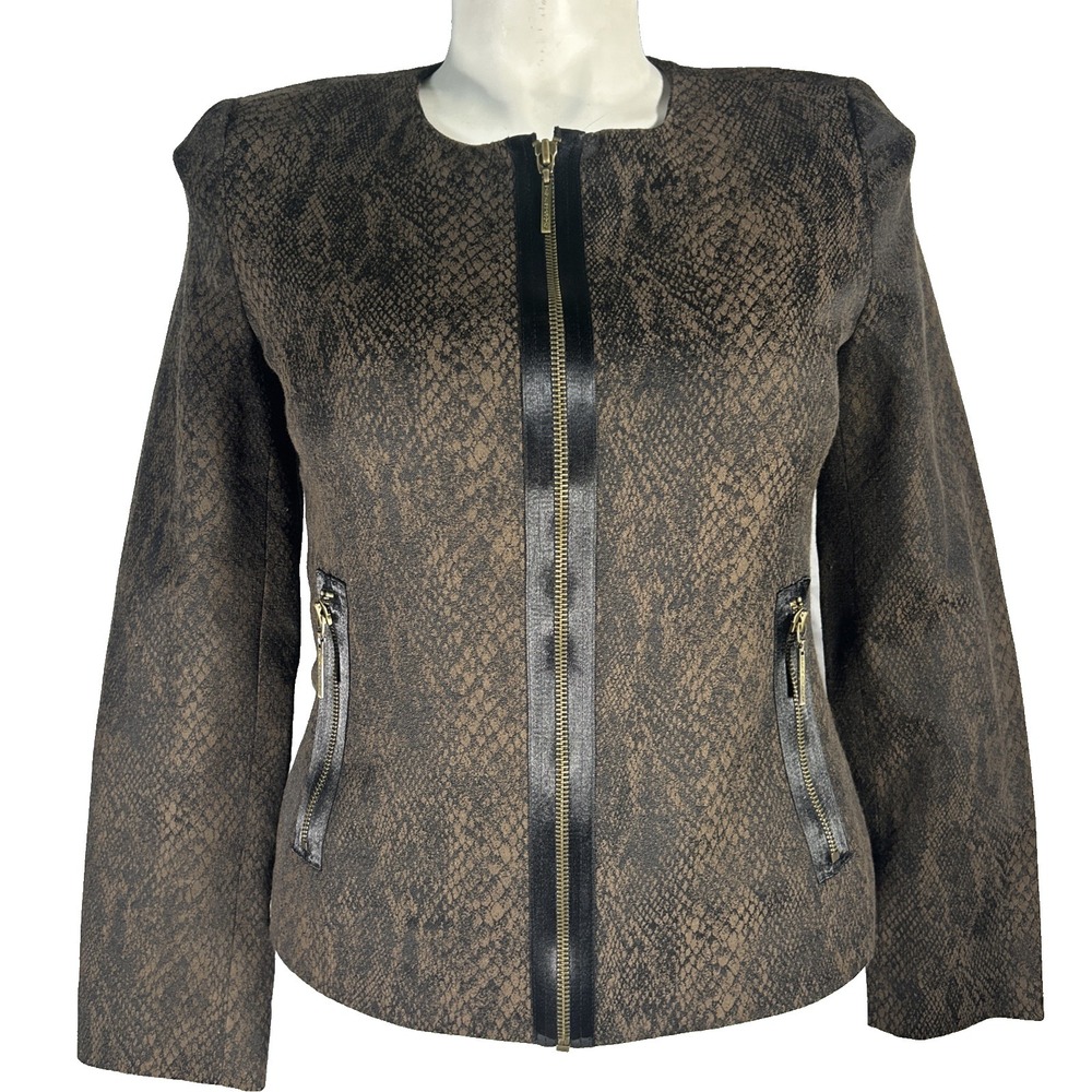 DANA BUCHMAN Jacket 10 Black Brown Animal Snake Lined Zipper Pocket